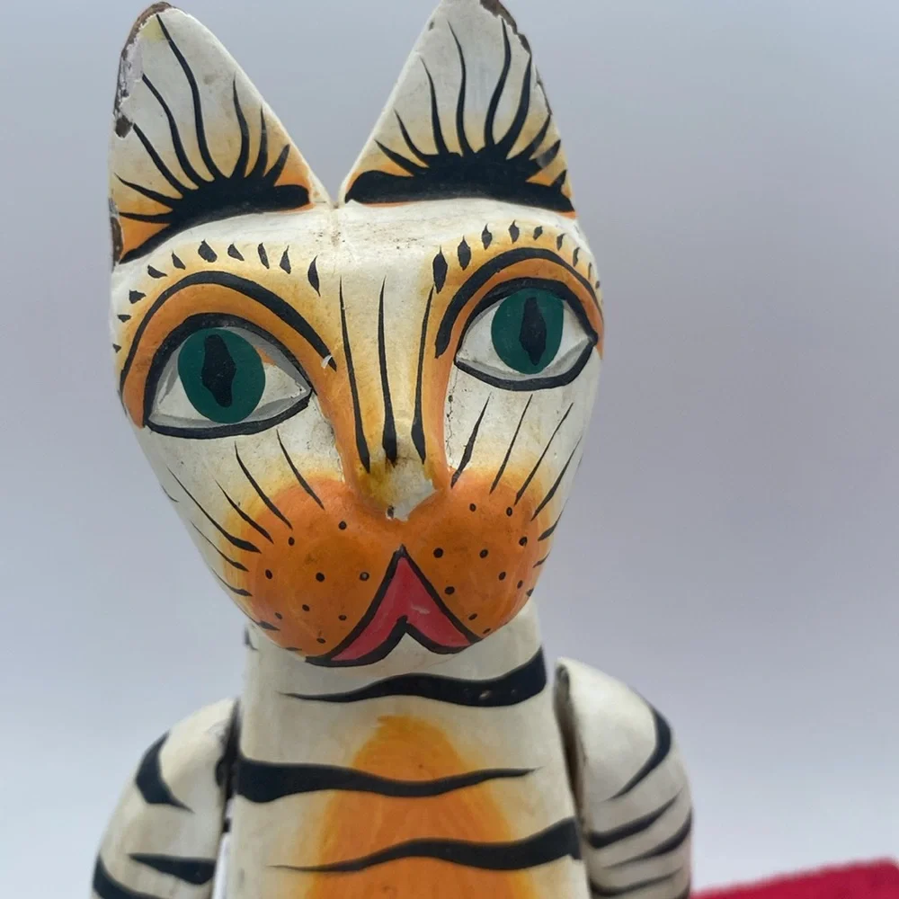 Handcrafted Wooden Cat Figurine Orange and Black Stripes shelf sitter 11” READ